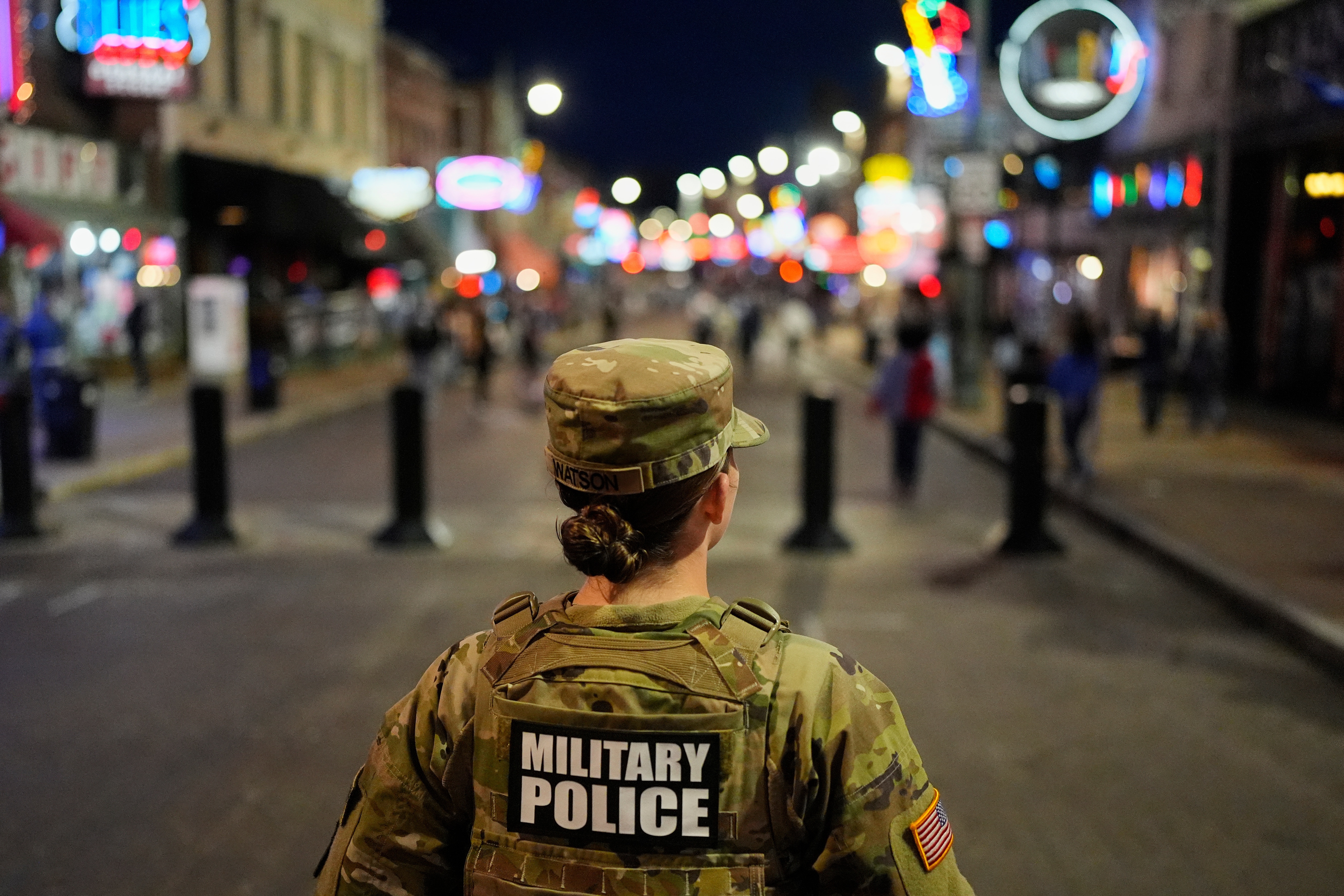 A member of the National Guard stands watch on Beale Street in Memphis, Tenn. on Oct. 24.